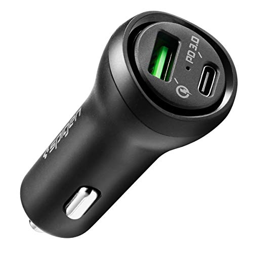 Spigen type C Car fast Charger and USB charger, 45W Dual Port (PD Charging 27W + Quick Charge 18W) Type C Car Adapter for iPhone 14 Series 13 Pro Max 13 Mini 12 11 iPad Galaxy S21 Ultra S20 FE Oneplus mobile- Black