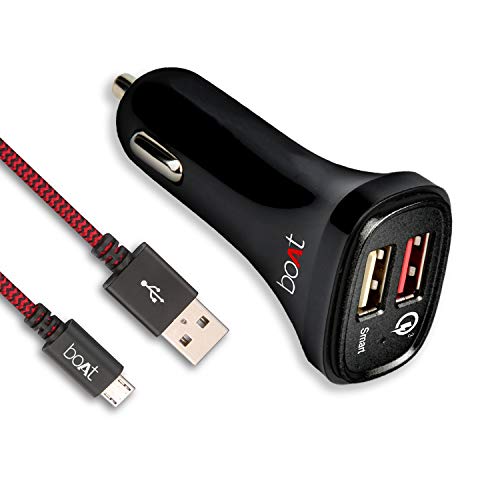 boAt Dual Port Rapid Car Charger (Qualcomm Certified) with Quick Charge 3.0 + Free Micro USB Cable – (Black) boAt Dual Port Rapid Car Charger (Qualcomm Certified) with Quick Charge 3.0 + Free Micro USB Cable – (Black)