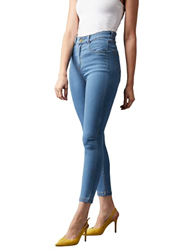 Dolce Crudo Women’s Blue Solid Skinny High Rise Clean Look Cropped Fringe Detailing Solid Stretchable Denim Jeans
