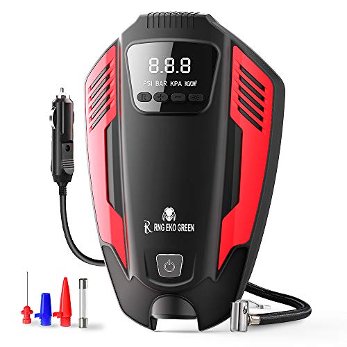 RNG EKO Green Digital Heavy Duty Car Air Compressor Tyre Inflator, DC 12V/ 50L Airflow Predator Series Tire Inflator for Car Tires, Bikes, Bicycles & Other Inflatables- (Red+Black)