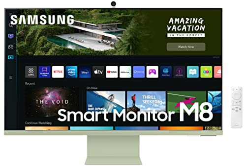 Samsung 32-inch(80cm) M8 4K UHD Smart Monitor, Wireless Webcam, Type-C, Smart TV apps, TV Plus, Office 365, Dex, Apple Airplay, BT, IOT, Speakers, Remote (LS32BM80GUWXXL, Green)