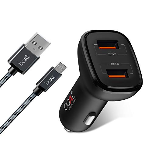 Boat Dual QC Port Rapid Car Charger with 18W Qualcomm Quick Charge 3.0 Fast Charge, Smart IC Protection, Universal Compatibility & Free Micro USB Cable(Black) Boat Dual QC Port Rapid Car Charger with 18W Qualcomm Quick Charge 3.0 Fast Charge, Smart IC Protection, Universal Compatibility & Free Micro USB Cable(Black)