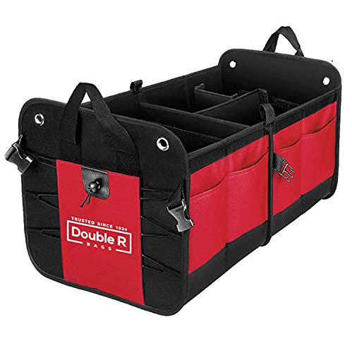 DOUBLE R BAGS foldable Multi Compartments Collapsible Portable car Accessories for Trunk Dicky Organizer for Garage, SUV, Cars, Minivan , sedan , hatchback (Red)