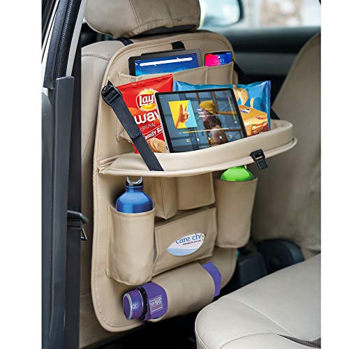 CADDYFULL Faux Leather Car Back Seat Organiser with Folding Dining Table Tray, Ipad Holder, Mobile Holder, Multi Pocket Storage (Beige) CADDYFULL Faux Leather Car Back Seat Organiser with Folding Dining Table Tray, Ipad Holder, Mobile Holder, Multi Pocket Storage (Beige)